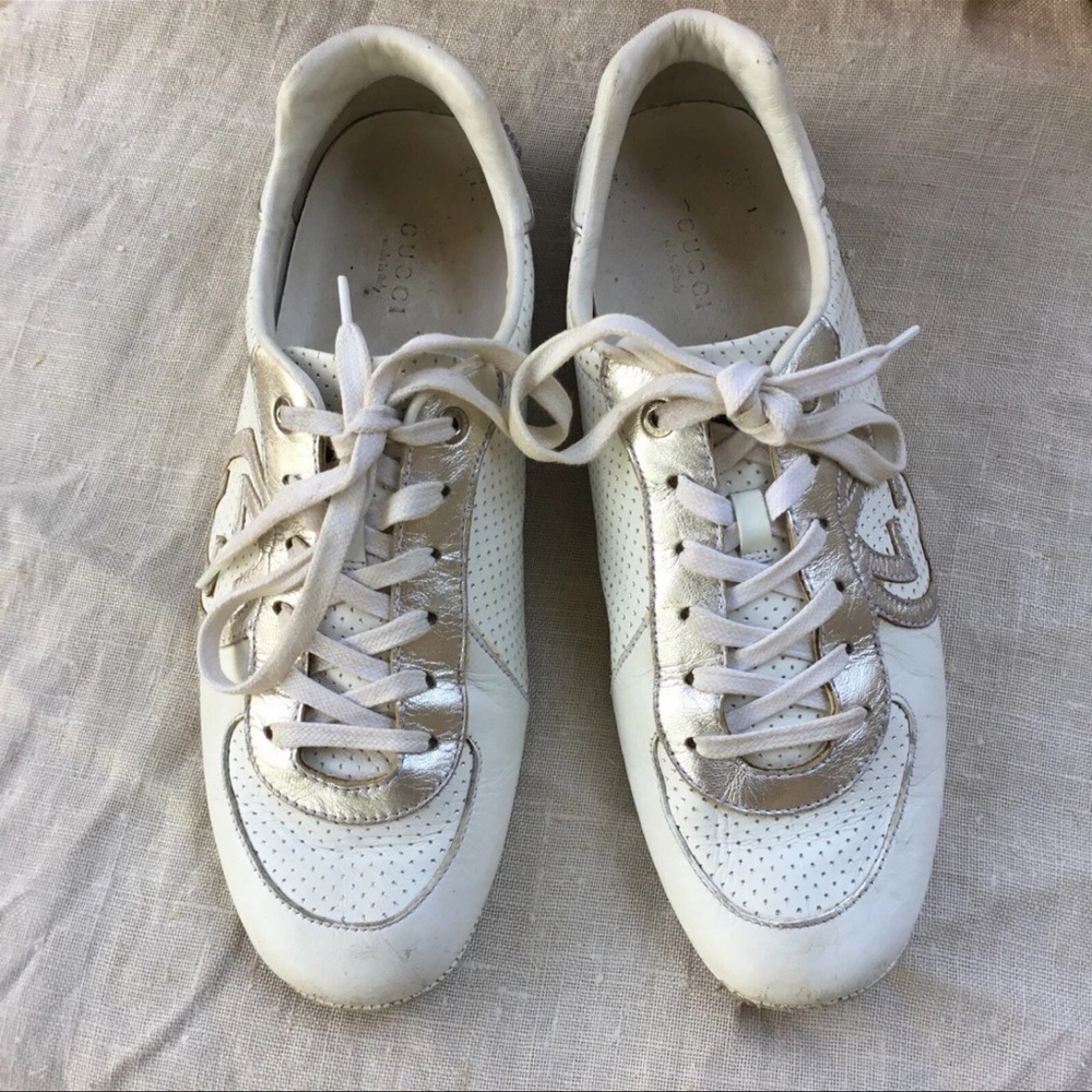 GUCCI INTERLOCKING G LOGO LEATHER TRAINERS SNEAKERS SILVER WHITE 190777 Sz 38